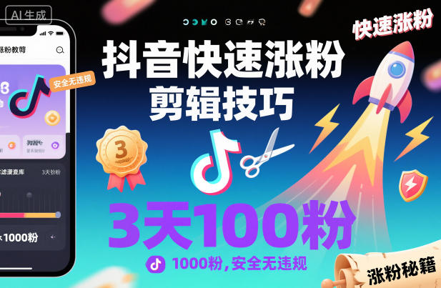 抖音快速涨粉剪辑技巧，3天1000粉，安全无违规-极客网创