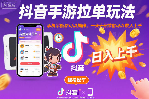 抖音手游拉单玩法，手机平板都可以操作，一天十分钟也可以收入上K【揭秘】-极客网创