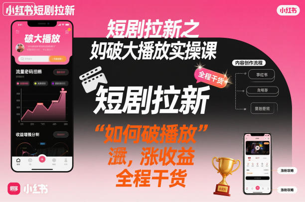 短剧拉新之小红书如何破大播放实操课，如何破播放，涨收益，全程干货-极客网创