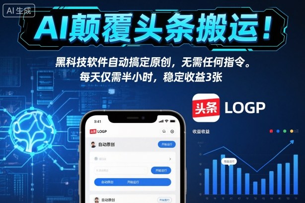 AI颠覆头条搬运!黑科技软件自动搞定原创,无需任何指令。每天仅需半小时,稳定收益3张【揭秘】-极客网创