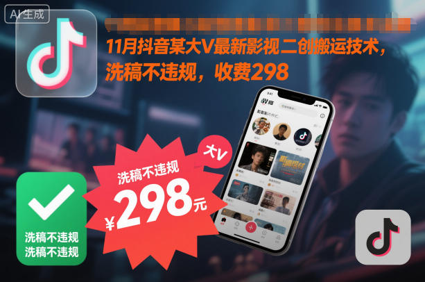 11月抖音某大V最新影视二创搬运技术，洗稿不违规，收费298-极客网创