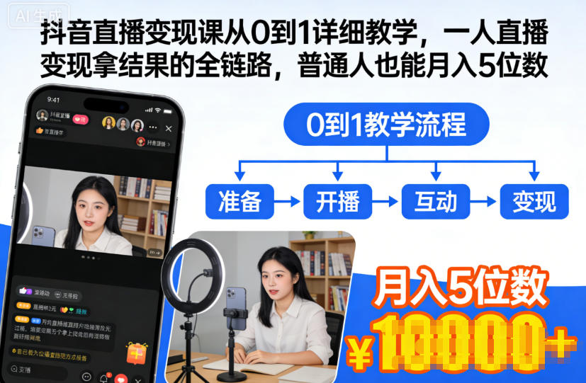 抖音直播变现课从0到1详细教学,一人直播变现拿结果的全链路,普通人也能月入5位数-极客网创