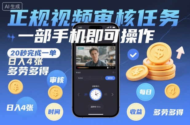 正规视频审核任务,一部手机即可操作,20秒完成一单,日入4张,多劳多得【揭秘】-极客网创