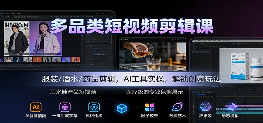 多品类短视频剪辑课：服装/酒水/药品剪辑，AI工具实操，解锁创意玩法-极客网创