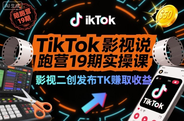 TikTok影视解说陪跑营19期实操课,影视二创发布TK賺取收益,万播收益50美金(更新)-极客网创