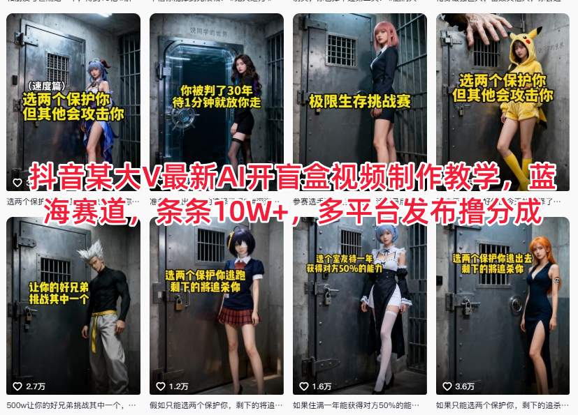 抖音某大V最新AI开盲盒视频制作教学,蓝海赛道,条条10W+,多平台发布撸分成-极客网创