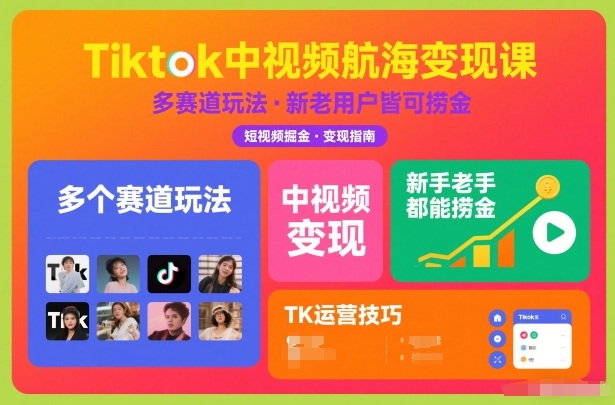 Tiktok中视频航海变现课，多个赛道玩法，新手老手都能在TK中视频捞金-极客网创