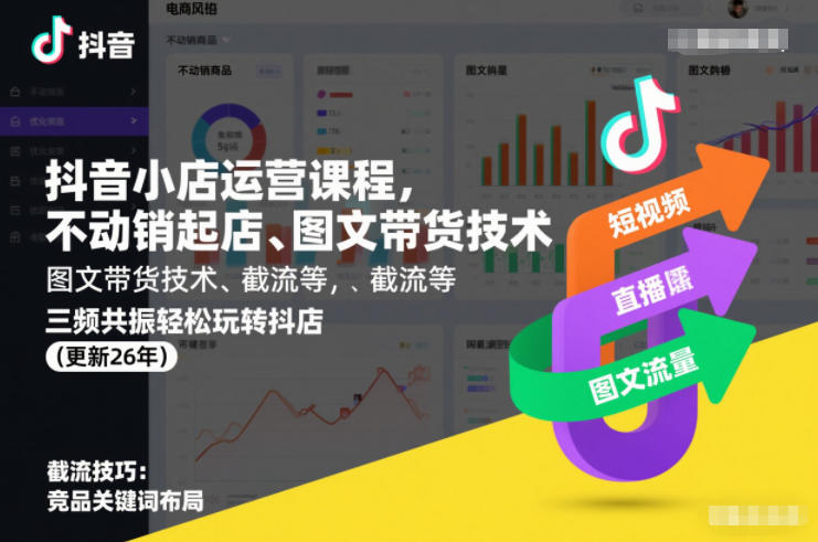 抖音小店运营课程，不动销起店、图文带货技术、截流等，三频共振轻松玩转抖店(更新26年)-极客网创