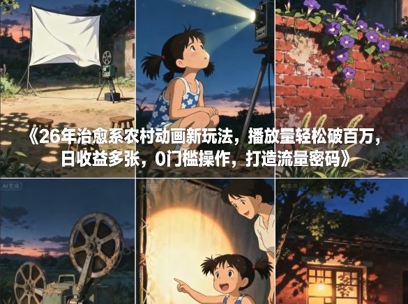26年治愈系农村动画新玩法，播放量轻松破百万，日收益多张，0门槛操作，打造流量密码-极客网创