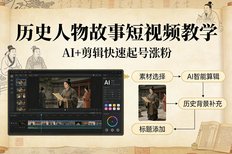 历史人物故事短视频教学，AI+剪辑制作历史人物题材短视频，快速起号涨粉-极客网创