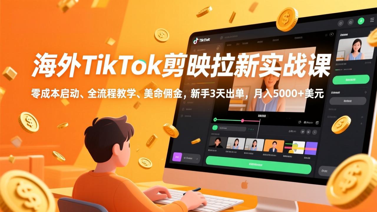 海外TikTok剪映拉新实战课，零成本启动、全流程教学、美金佣金，新手3天出单，月入5000+美元-极客网创