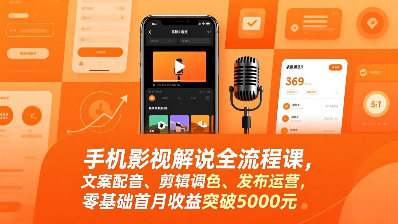 手机影视解说全流程课，文案配音、剪辑调色、发布运营，零基础首月收益突破5000元-极客网创