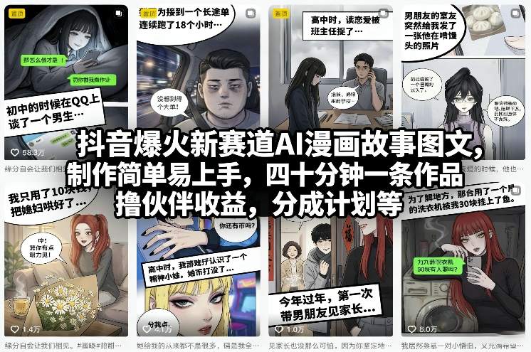 抖音爆火新赛道AI漫画故事图文，制作简单易上手，四十分钟一条作品，撸伙伴收益，分成计划等-极客网创