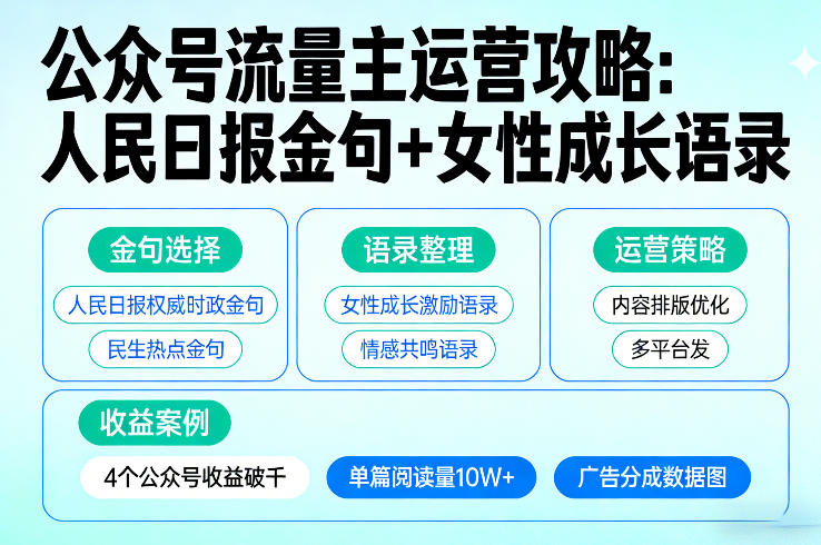 利用人民日报金句+女性成长语录做公众号流量主，4个公众号收益破千-极客网创