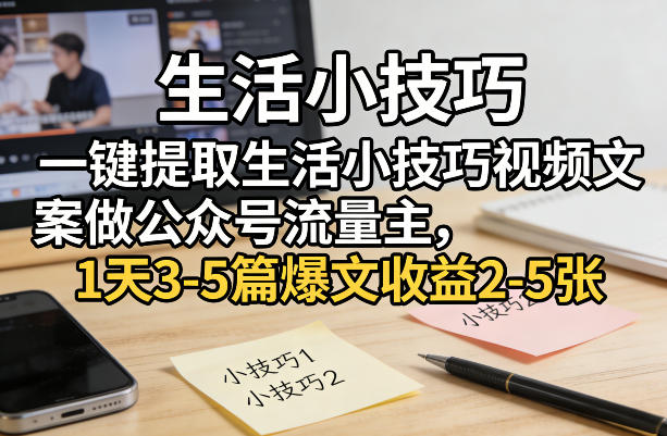 一键提取生活小技巧视频文案做公众号流量主，1天3-5篇爆文收益2-5张-极客网创