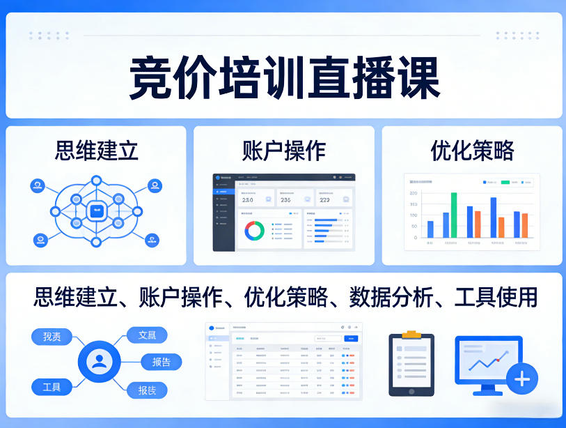 竞价培训直播课，覆盖思维建立、账户操作、优化策略、数据分析、工具使用等，全方位提升效果-极客网创