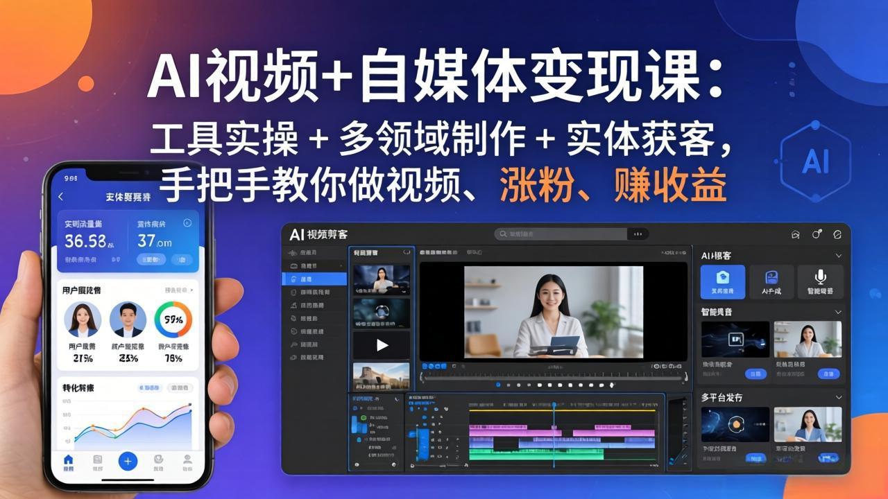 AI视频+自媒体变现课：工具实操 + 多领域制作 + 实体获客，手把手教你做视频、涨粉、赚收益-极客网创