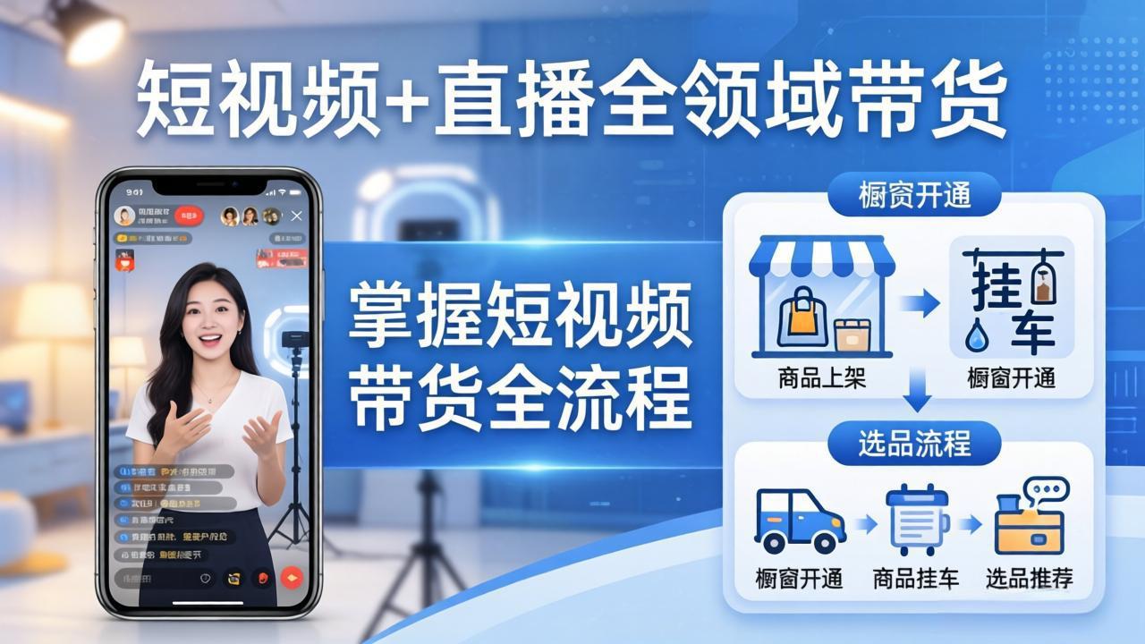 短视频+直播全领域带货-更新：掌握橱窗开通、挂车、选品、爆款文案改编等短视频带货全流程-极客网创