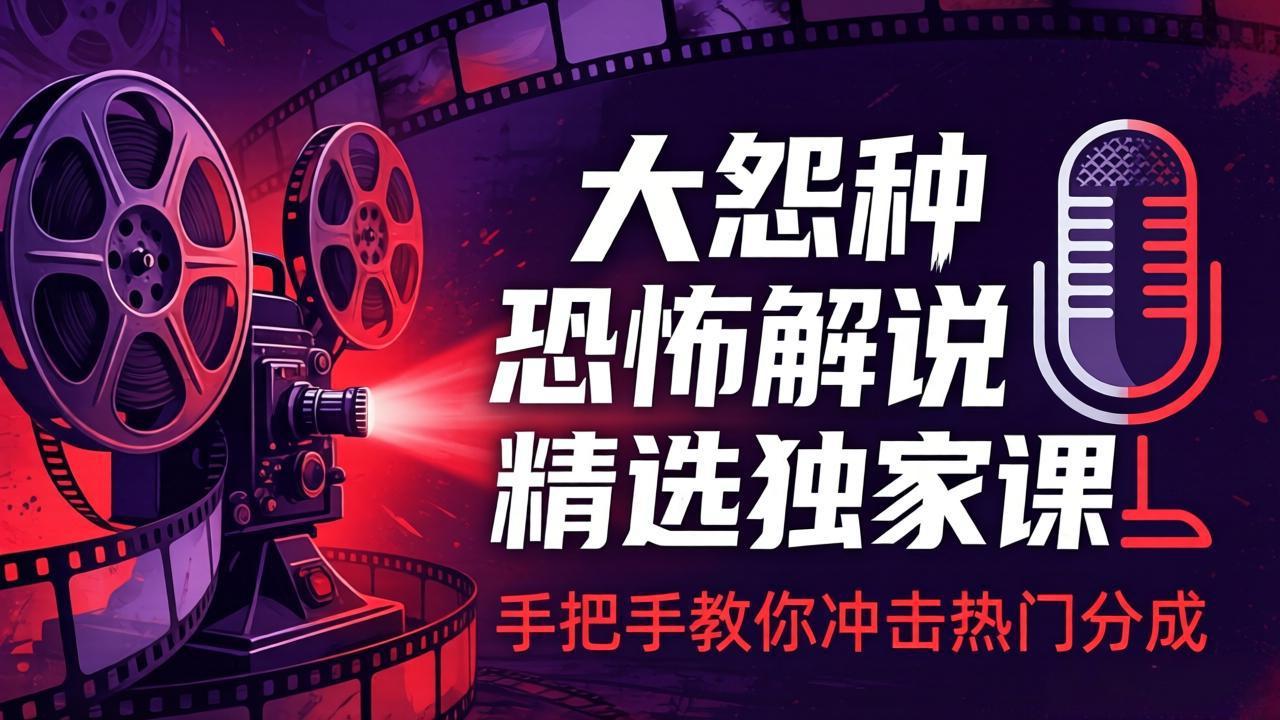 大怨种恐怖解说精选独家课：电影下载+文案配音+片头封面，手把手教你冲击热门分成-极客网创