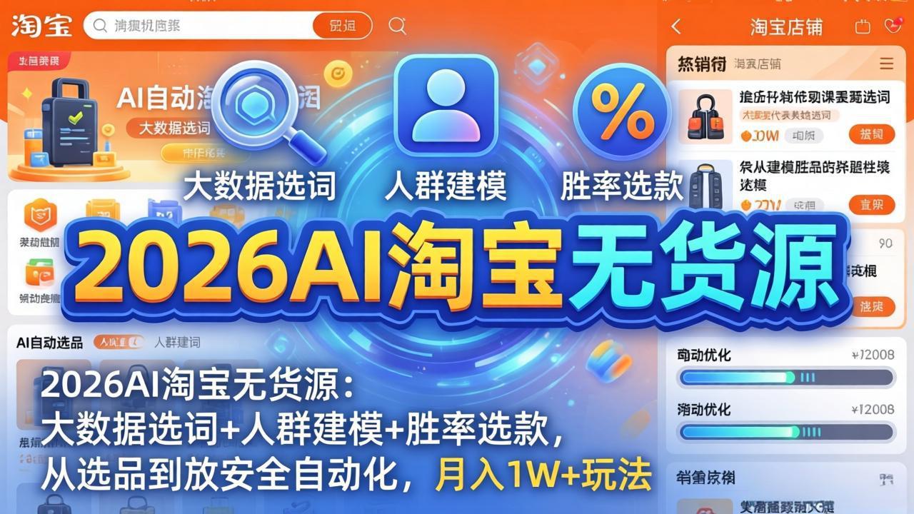 2026AI淘宝无货源-4月更新：大数据选词+人群建模+胜率选款，从选品到放大全自动化，月入1W+玩法-极客网创