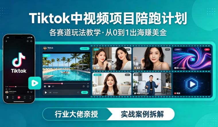 某大佬的Tiktok中视频项目陪跑，涵盖TK各个赛道玩法教学，从0到1出海賺美金-极客网创