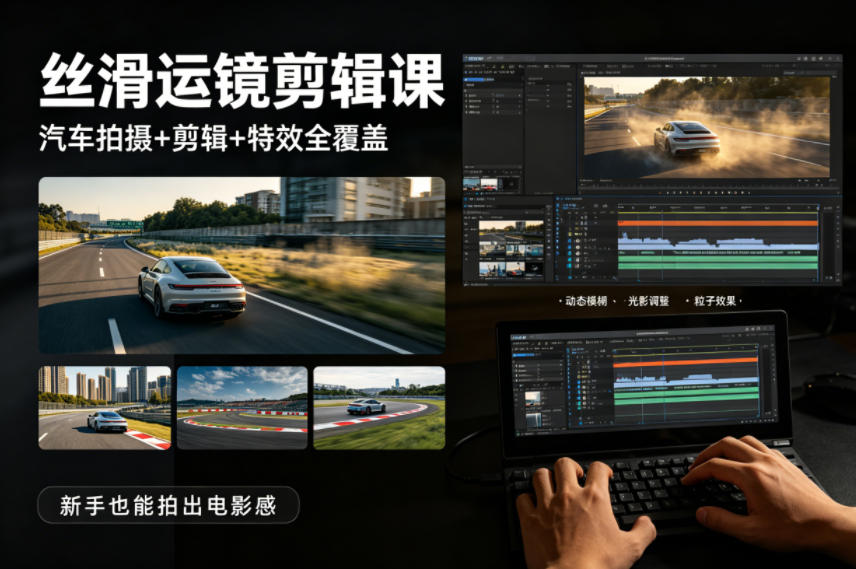 大叔丝滑运镜剪辑课，汽车拍摄+剪辑+特效全覆盖，新手也能拍出电影感-极客网创