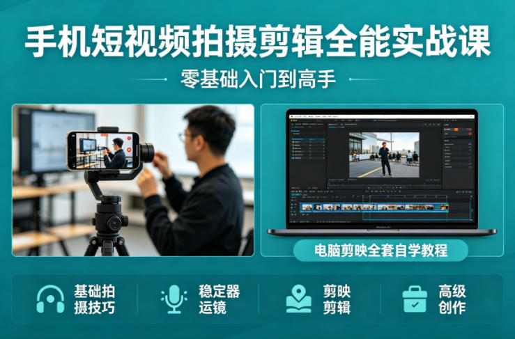 手机短视频拍摄剪辑全能实战课：零基础入门到高手，稳定器运镜+电脑剪映全套自学教程-极客网创