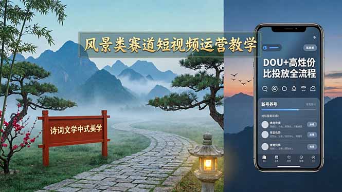 风景类赛道短视频运营教学：诗词文学中式美学，新号养号对标账号定位，DOU+高性价比投放全流程-极客网创