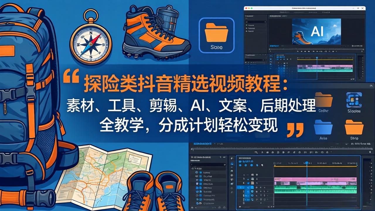探险类抖音精选视频教程：素材、工具、剪辑、AI、文案、后期处理全教学，分成计划轻松变现-极客网创