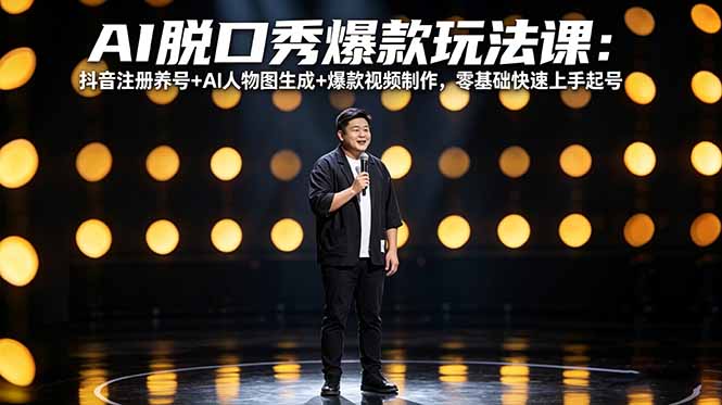AI脱口秀爆款玩法课：抖音注册养号+AI人物图生成+爆款视频制作，零基础快速上手起号-极客网创