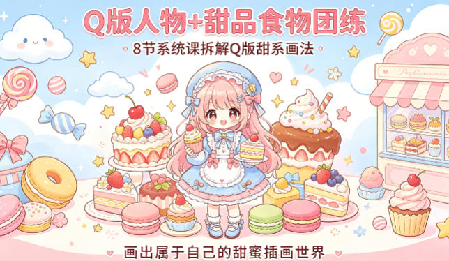 Q版人物+甜品食物团练，8节系统课拆解Q版甜系画法，画出属于自己的甜蜜插画世界-极客网创