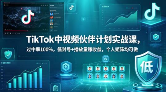 TikTok中视频伙伴计划实战课，过中率100%，低封号+播放量賺收益，个人矩阵均可做-极客网创
