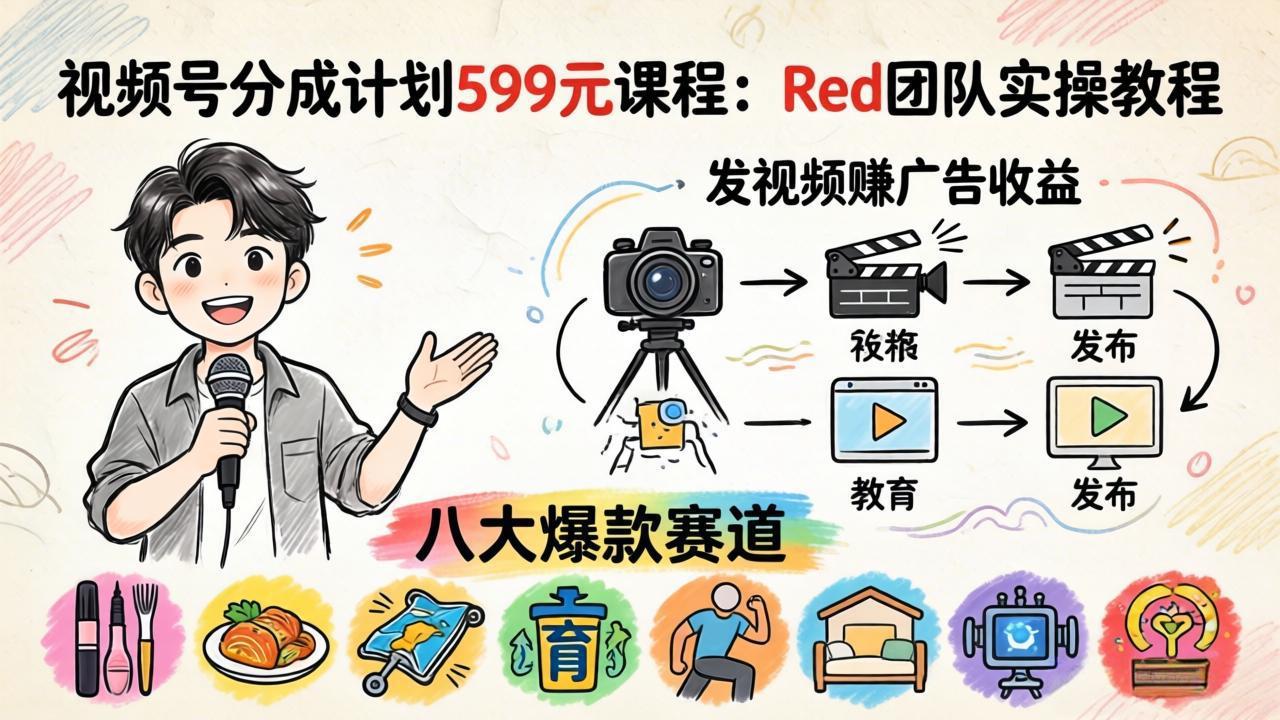 视频号分成计划599元课程：Red团队实操教程，发视频赚广告收益，八大爆款赛道全掌握-极客网创