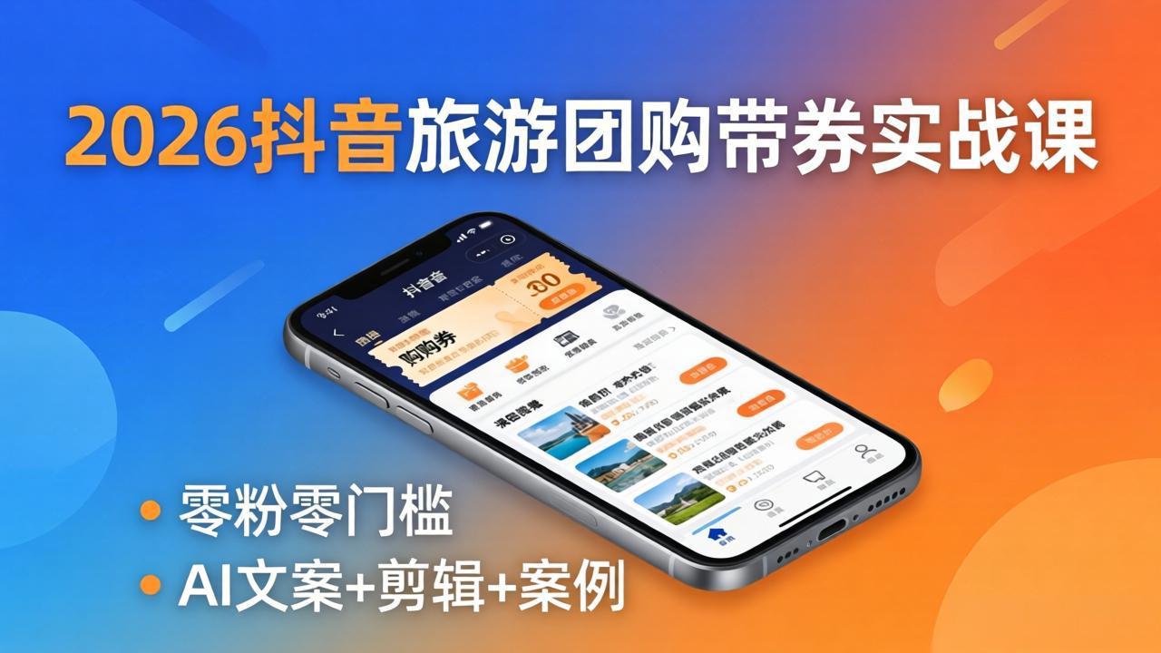 2026抖音旅游团购带券实战课：零粉零门槛，AI文案+剪辑+案例，躺着赚门票佣金-极客网创