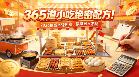365道小吃绝密配方！2026低成本轻创业，摆摊日入不愁-极客网创