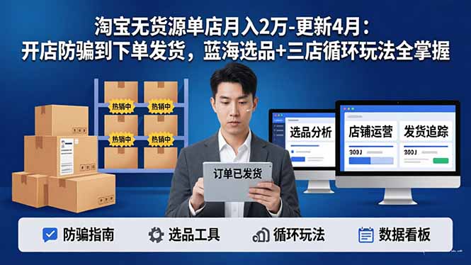 淘宝无货源5.0单店月入2万-更新4月：开店防骗到下单发货，蓝海选品+三店循环玩法全掌握-极客网创