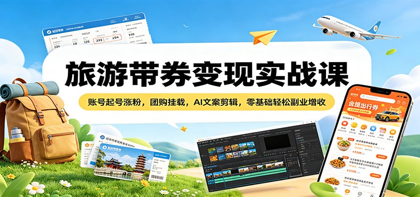 旅游带券变现实战课：账号起号涨粉，团购挂载，AI文案剪辑，零基础轻松副业增收-极客网创