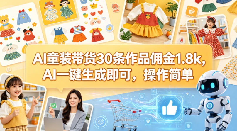 AI童装带货30条作品佣金1.8k，AI一键生成即可，操作简单-极客网创