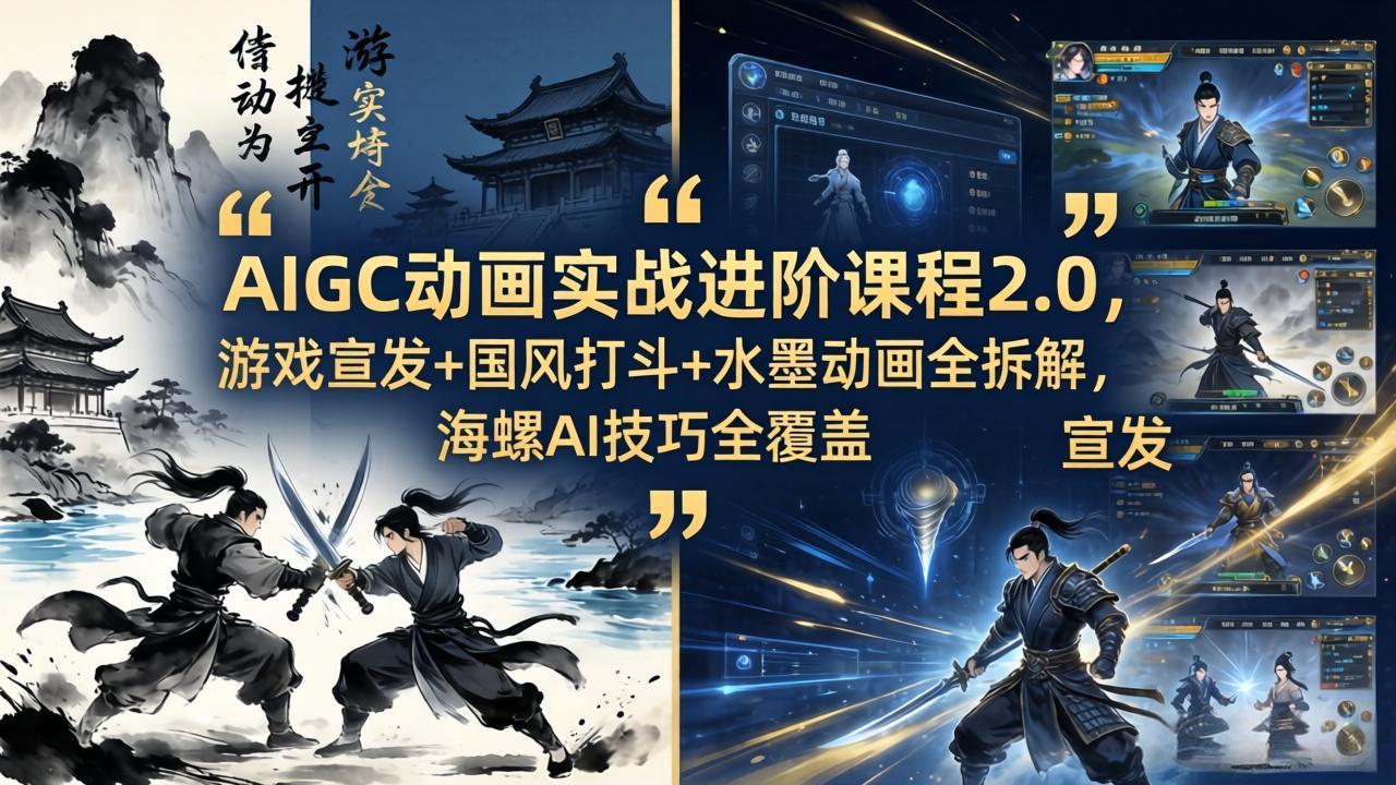 AIGC动画实战进阶课程2.0，游戏宣发+国风打斗+水墨动画全拆解，海螺AI技巧全覆盖-极客网创