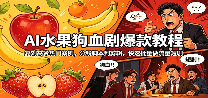 AI水果狗血剧爆款教程：复刻高赞热门案例，分镜脚本到剪辑，快速批量做流量短剧-极客网创