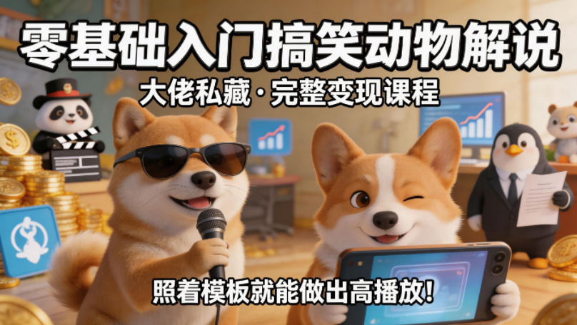 零基础入门搞笑动物解说，大佬私藏完整变现课程，照着模板就能做出高播放-极客网创