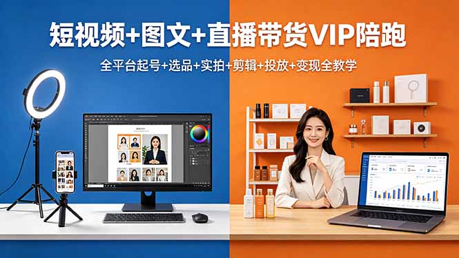 短视频+图文+直播带货VIP陪跑，全平台起号+选品+实拍+剪辑+投放+变现全教学-极客网创