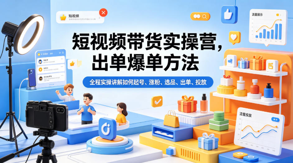 短视频带货实操营，出单爆单方法，全程实操讲解如何起号、涨粉、选品、出单、投放-极客网创