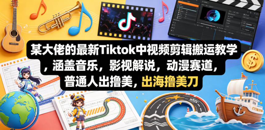 某大佬的最新Tiktok中视频剪辑搬运教学，涵盖音乐，影视解说，动漫赛道，普通人出海撸美刀-极客网创