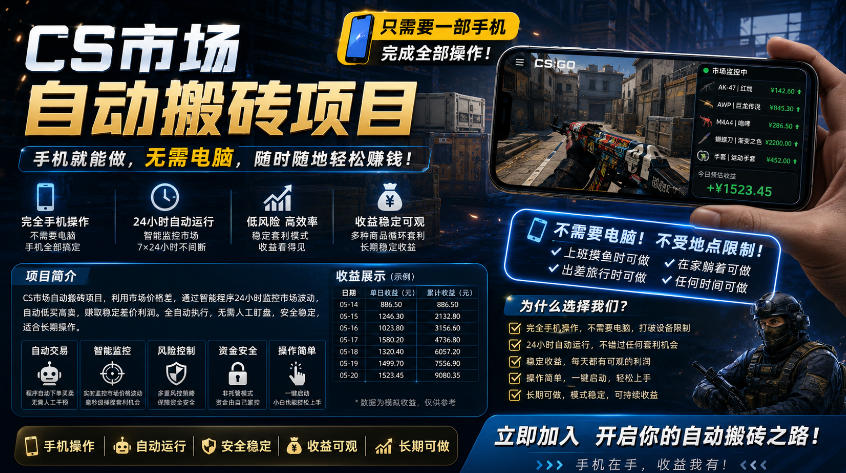 手机即可操作的CS市场自动搬砖系统｜自动监控｜自动下单|日入300+【揭秘】-极客网创