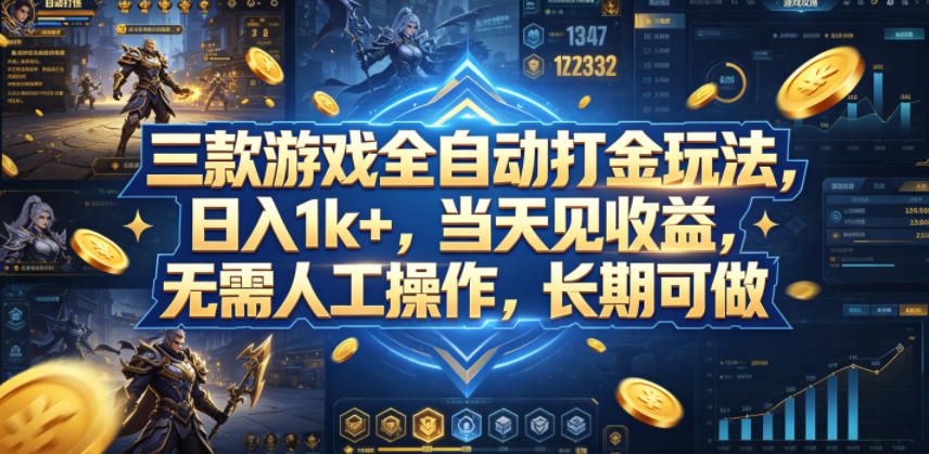 三款游戏全自动打金玩法，日入1k+，当天见收益，无需人工操作，长期可做【揭秘】-极客网创