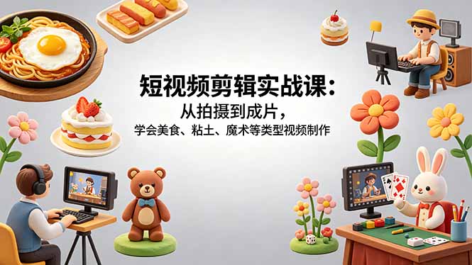 短视频剪辑实战课：从拍摄到成片，学会美食、粘土、魔术等类型视频制作-极客网创