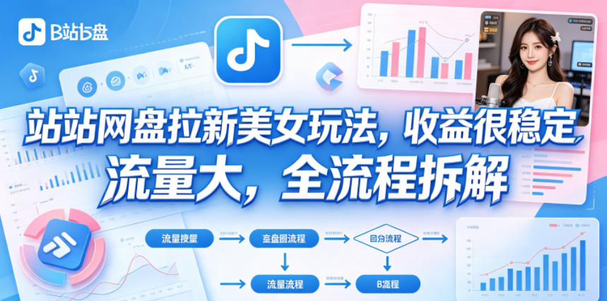 B站网盘拉新美女玩法，收益很稳定，流量大，全流程拆解-极客网创