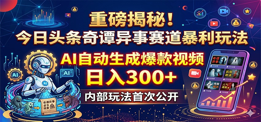 重磅揭秘！今日头条奇谭异事赛道暴利玩法：AI自动生成爆款视频，日入300+-极客网创
