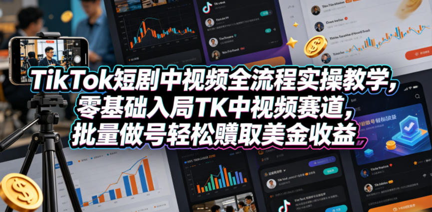 TikTok短剧中视频全流程实操教学，零基础入局TK中视频赛道，批量做号轻松賺取美金收益-极客网创